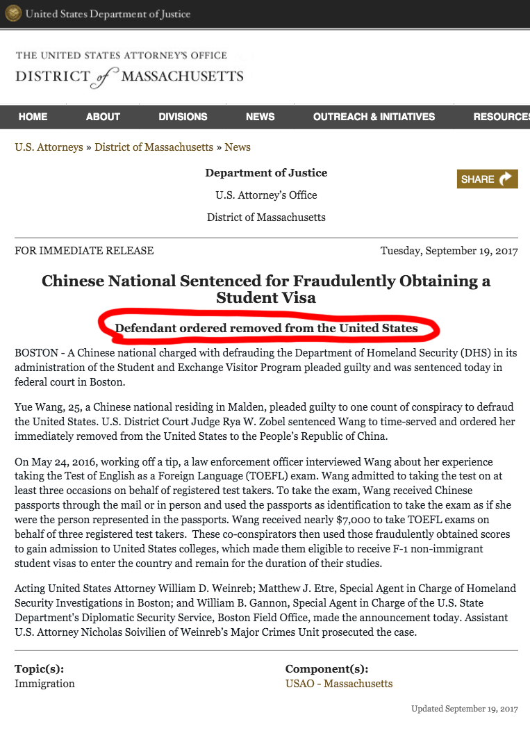 王悦(Yue Wang)托福代考认罪后回到了中国